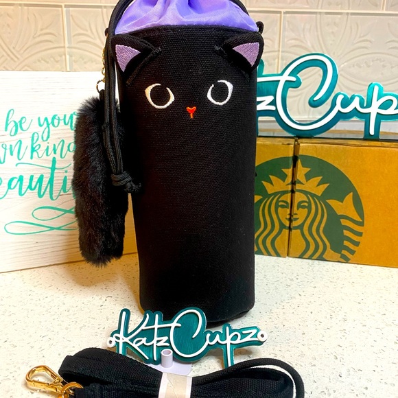 SOLD OUT ** Starbucks Black Cat w/Fluffy Tail Tumbler Bag - Picture 10 of 11